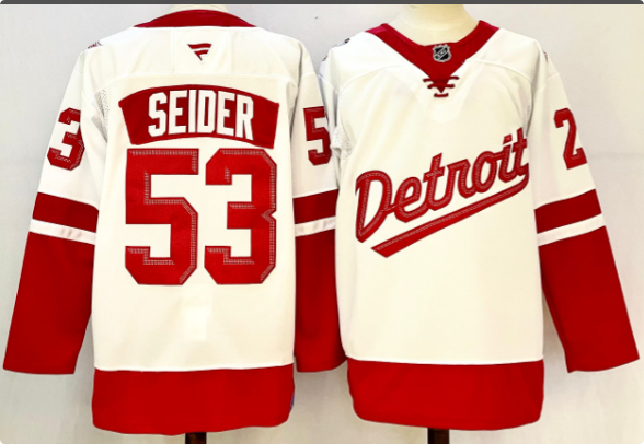 Men's Detroit Red Wings #53 Moritz Seider White Red 2024-25 Stitched Jersey