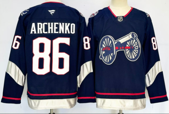 Men's Columbus Blue Jackets #86 Kirill Marchenko Navy 2024-25 With C Patch Stitched Hockey Jersey