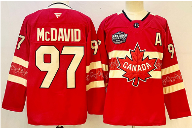 Men's Canada #97 Connor McDavid Red 2025 4 Nations Face-Off Premium Stitched Jersey