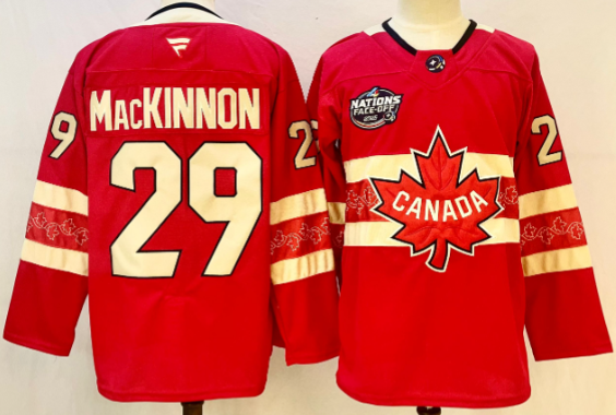 Men's Canada #29 Nathan MacKinnon Red 2025 4 Nations Face-Off Premium Stitched Jersey