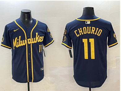 Men's Milwaukee Brewers #11 Jackson Chourio Navy With Home Patch Limited Stitched Baseball Jersey