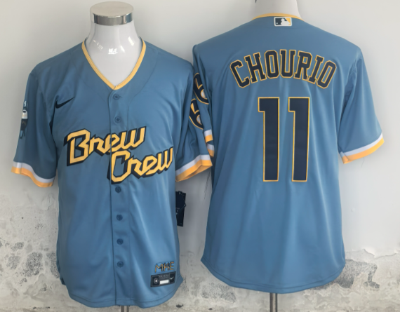 JACKSON CHOURIO NIKE MILWAUKEE BREWERS MENS LIGHT BLUE CITY CONNECT  BASEBALL JERSEY