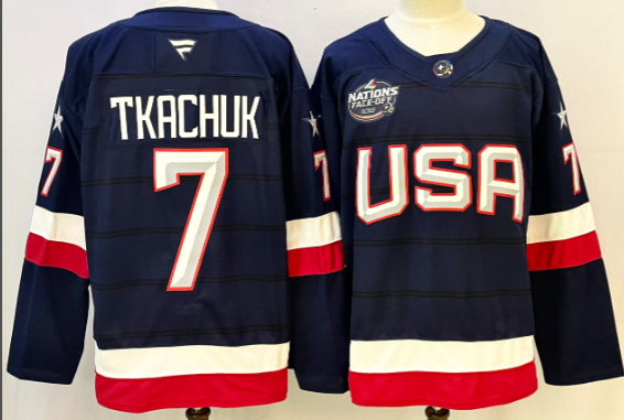 Men's Brady Tkachuk Jersey #7 USA Navy 2025 4 Nations Face-Off Stitched