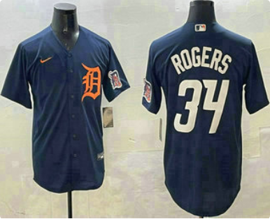 Men's Detroit Tigers #34 Jake Rogers Navy Alternate With Patch Cool Base Stitched Jersey