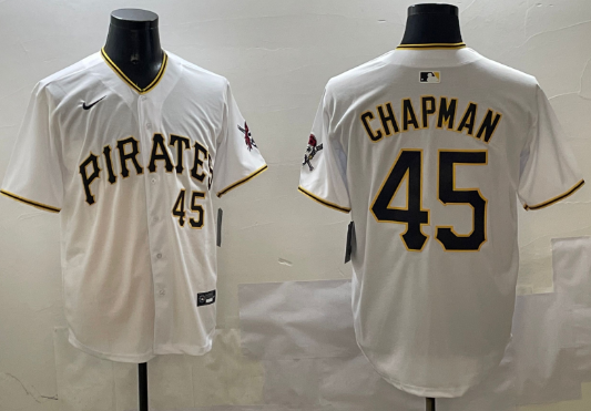 Men's Pittsburgh Pirates #45 Aroldis Chapman White Home Limited Stitched Baseball Jersey
