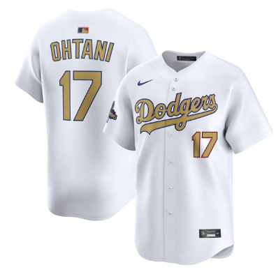 Men's Los Angeles Dodgers #17 Shohei Ohtani White 2025 Gold Collection Limited Stitched Baseball Jersey