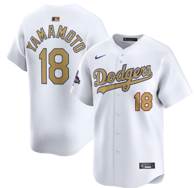 Men's Los Angeles Dodgers #18 Yoshinobu Yamamoto White 2025 Gold Collection Limited Stitched Baseball Jersey