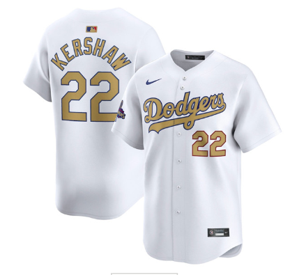 Men's Los Angeles Dodgers #22 Clayton Kershaw White 2025 Gold Collection Limited Stitched Baseball Jersey