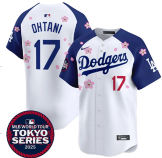 Men's Los Angeles Dodgers #17 Shohei Ohtani White Royal 2025 Tokyo Series Limited Stitched Baseball Jersey