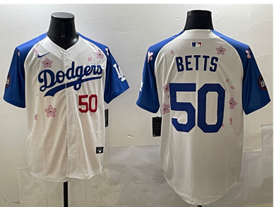 Men's Los Angeles Dodgers #50 Mookie Betts White Royal 2025 Tokyo Series Limited Stitched Baseball Jersey