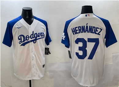 Men's Los Angeles Dodgers #37 Teoscar Hernandez White Blue Cool Base Stitched Baseball Jersey