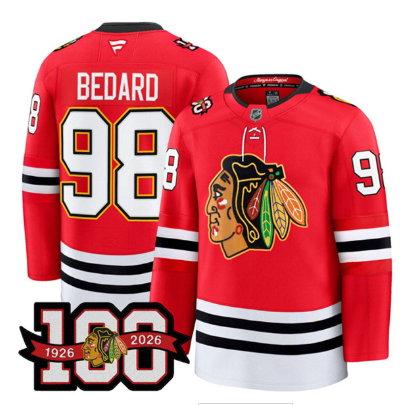 Men's Chicago Blackhawks #98 Connor Bedard Red 2025 Home 100th Anniversary Stitched Hockey Jersey