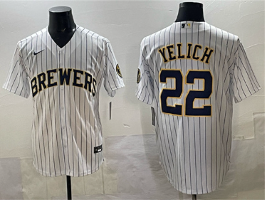 Men's Milwaukee Brewers #22 Christian Yelich White Pinstripe 2025 With Patch Stitched Jersey