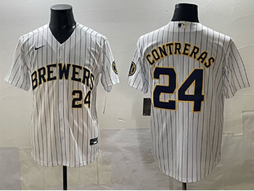Men's Milwaukee Brewers #24 William Contreras White Pinstripe 2025 With Patch Stitched Stitched Jersey