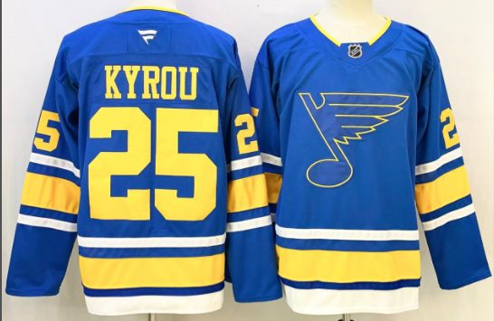 Men's St. Louis Blues #25 Jordan Kyrou Blue 2025 Stitched Hockey Jersey Men's St. Louis Blues #25 Jordan Kyrou Blue 2025 Stitched Hockey Jersey