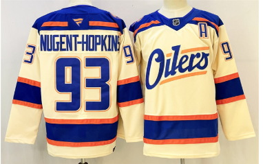 Men's Edmonton Oilers #93 Ryan Nugent-Hopkins Light Beige 2025 Alternate With A Patch Stitched Hockey Jersey Men's Edmonton Oilers #93 Ryan Nugent-Hopkins Light Beige 2025 Alternate With A Patch Stitched Hockey Jersey
