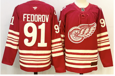 Men's Detroit Red Wings #91 Sergei Fedorov Red 2025-26 Centennial Premium Stitched Hockey Jersey Men's Detroit Red Wings #91 Sergei Fedorov Red 2025-26 Centennial Premium Stitched Hockey Jersey