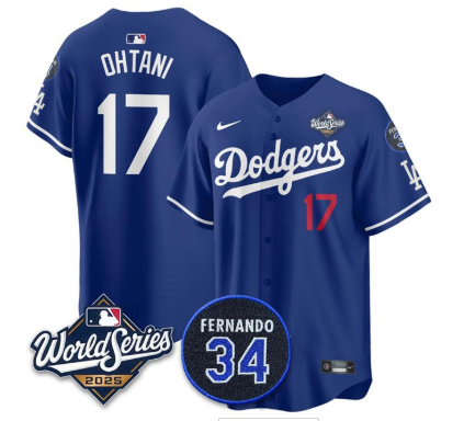 Men's Los Angeles Dodgers #17 Shohei Ohtani Royal 2025 World Series With No.34 Patch Limited Stitched Baseball Jersey Men's Los Angeles Dodgers #17 Shohei Ohtani Royal 2025 World Series With No.34 Patch Limited Stitched Baseball Jersey