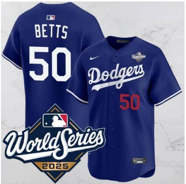 Men's Los Angeles Dodgers #50 Mookie Betts Blue 2025 World Series Vapor Limited Stitched Jersey Men's Los Angeles Dodgers #50 Mookie Betts Blue 2025 World Series Vapor Limited Stitched Jersey