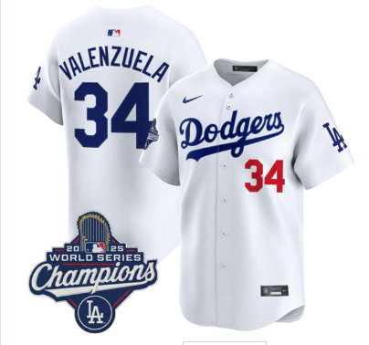 Men's Los Angeles Dodgers #34 Fernando Valenzuela White 2025 Champions Stitched Baseball Jersey Men's Los Angeles Dodgers #34 Fernando Valenzuela White 2025 Champions Stitched Baseball Jersey
