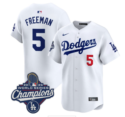 Men's Los Angeles Dodgers #5 Freddie Freeman White 2025 Champions Stitched Baseball Jersey Men's Los Angeles Dodgers #5 Freddie Freeman White 2025 Champions Stitched Baseball Jersey