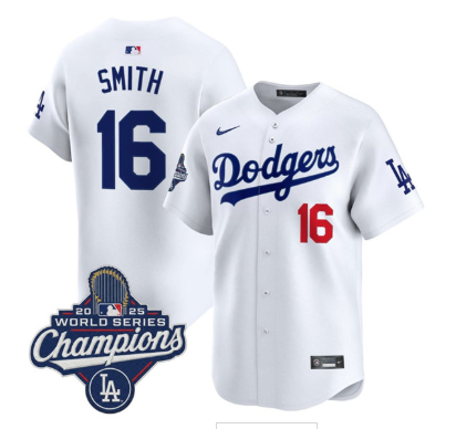 Men's Los Angeles Dodgers #16 Will Smith White 2025 Champions Stitched Baseball Jersey Men's Los Angeles Dodgers #16 Will Smith White 2025 Champions Stitched Baseball Jersey