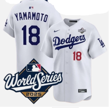 Men's Los Angeles Dodgers #18 Yoshinobu Yamamoto White 2025 World Series Home Limited Stitched Baseball Jersey Men's Los Angeles Dodgers #18 Yoshinobu Yamamoto White 2025 World Series Home Limited Stitched Baseball Jersey