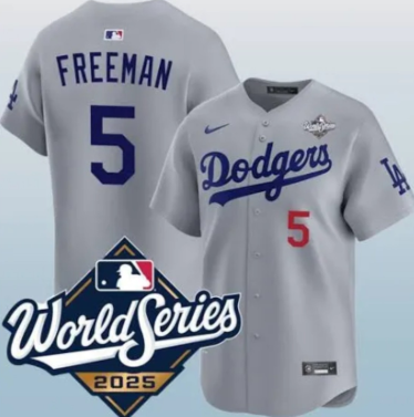 Men's Los Angeles Dodgers #5 Freddie Freeman Gray 2025 World Series Limited Stitched Baseball Jersey Men's Los Angeles Dodgers #5 Freddie Freeman Gray 2025 World Series Limited Stitched Baseball Jersey