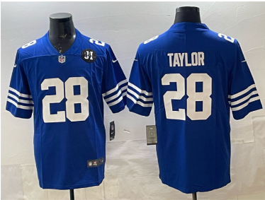 Men's Indianapolis Colts #28 Jonathan Taylor Blue Jim Irsay Patch Vapor Limited Football Stitched Jersey Men's Indianapolis Colts #28 Jonathan Taylor Blue Jim Irsay Patch Vapor Limited Football Stitched Jersey