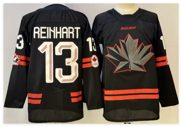 Men's Canada Hockey #13 Sam Reinhart Black Stitched Jersey Men's Canada Hockey #13 Sam Reinhart Black Stitched Jersey