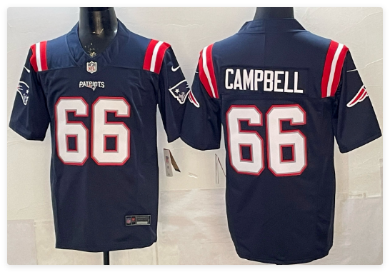 Men's New England Patriots #66 Will Campbell Navy F.U.S.E. 2025 AFC East Championship Patch Vapor Limited Stitched Football Jersey