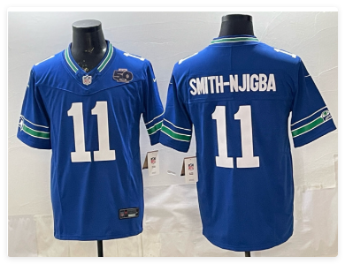 Men's Seattle Seahawks #11 Jaxon Smith-Njigba Royal 2025 F.U.S.E. 50th Season Patch Throwback Vapor Limited Football Stitched Jersey