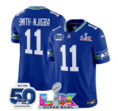 Men's Seattle Seahawks #11 Jaxon Smith-Njigba Royal 2025 F.U.S.E. Super Bowl LX Patch And 50th Season Patch Vapor Throwback Limited Football Stitched Jersey
