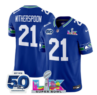 Men's Seattle Seahawks #21 Devon Witherspoon Royal 2025 F.U.S.E. Super Bowl LX Patch And 50th Season Patch Vapor Throwback Limited Football Stitched Jersey