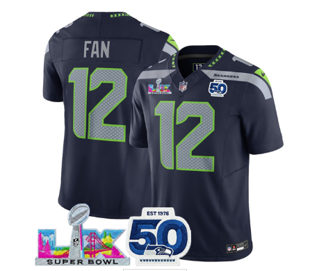 Men's Seattle Seahawks #12 Fan Navy 2025 F.U.S.E. Super Bowl LX Patch And 50th Season Patch Vapor Limited Football Stitched Jersey