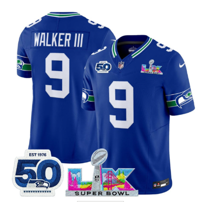 Men's Seattle Seahawks #9 Kenneth Walker III Royal 2025 F.U.S.E. Super Bowl LX Patch And 50th Season Patch Vapor Throwback Limited Football Stitched Jersey