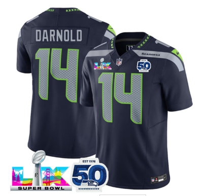 Men's Seattle Seahawks #14 Sam Darnold Navy 2025 F.U.S.E. Super Bowl LX Patch And 50th Season Patch Vapor Limited Football Stitched Jersey