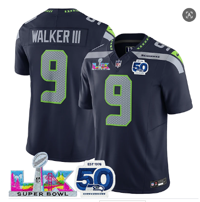 Men's Seattle Seahawks #9 Kenneth Walker III Navy 2025 F.U.S.E. Super Bowl LX Patch And 50th Season Patch Vapor Limited Football Stitched Jersey