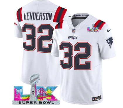Men's New England Patriots #32 TreVeyon Henderson White 2025 F.U.S.E. Super Bowl LX Patch Vapor Limited Football Stitched Jersey
