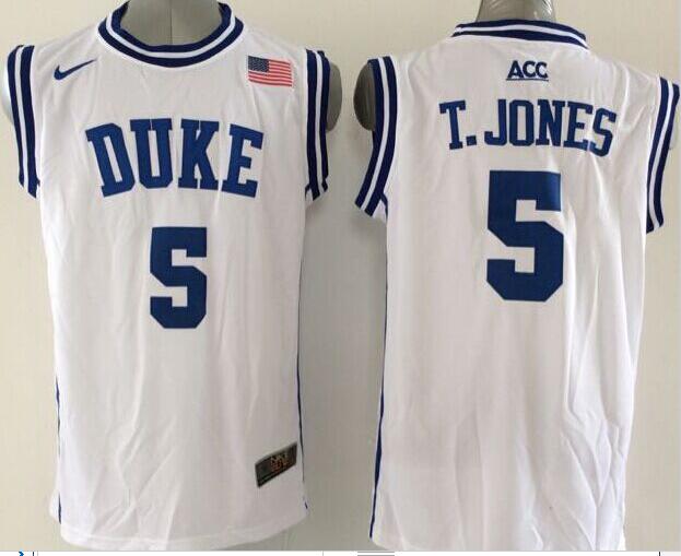 T Jones Duke Blue Devils #5 Basketball Jersey White Round Neck
