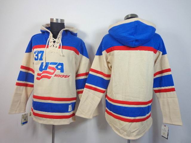 Team USA Olympic jersey #37 Patrice Bergeron beige blue NHL Hooded Sweatshirt