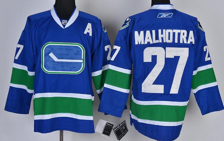 Vancouver Canucks 27 Manny Malhotra Blue men nhl ice hockey  jerseys