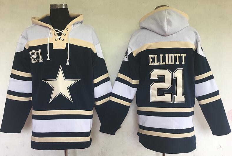 men Dallas Cowboys 21 Ezekiel Elliott blue grey football nfl Hooded Hoodies