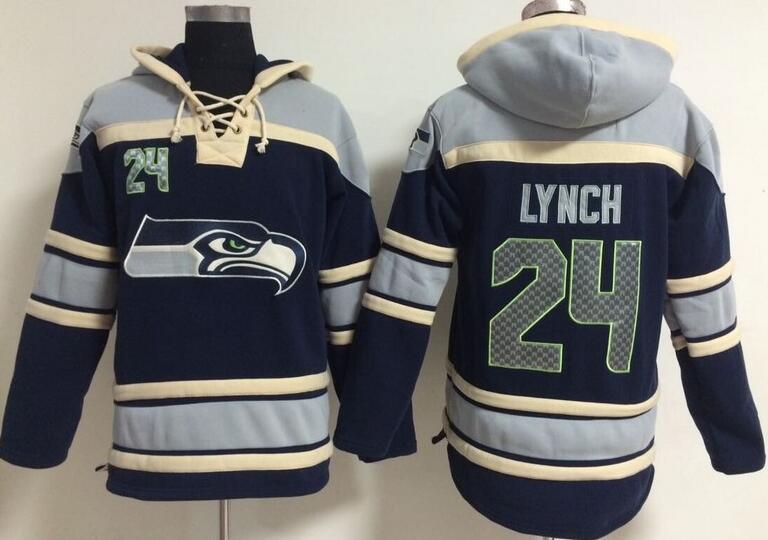 men Seattle Seahawks 24 Marshawn Lynch blue football nfl Hooded Hoodies
