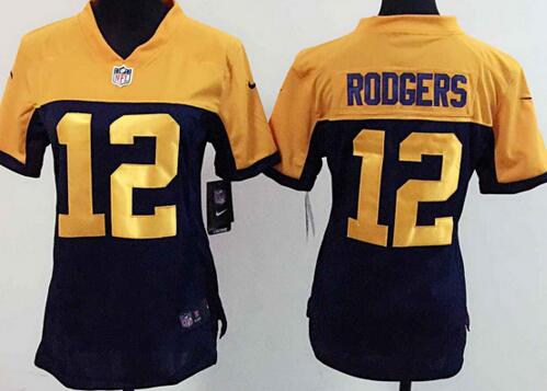 nike Green Bay Packers 12 Aaron Rodger yellow blue women football Jerseys