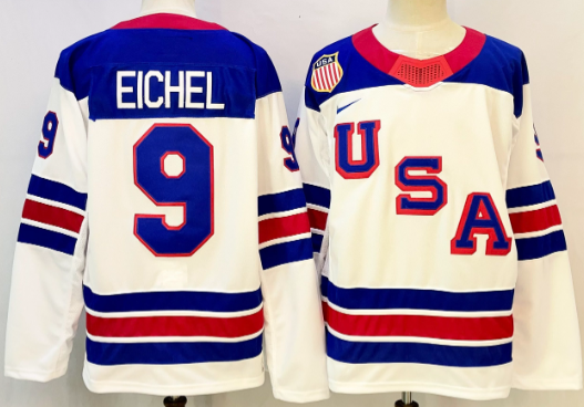 Men's USA #9 Jack Eichel White 2025-2026 Stitched Jersey Men's USA #9 Jack Eichel White 2025-2026 Stitched Jersey
