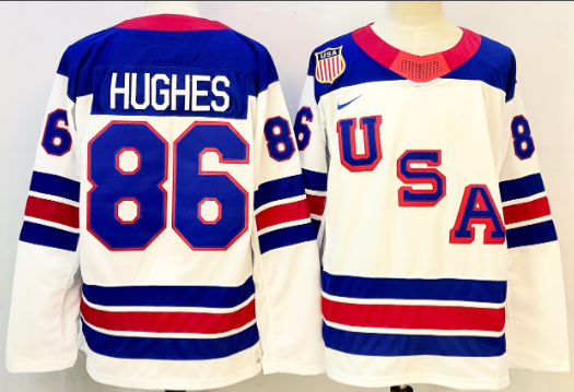 Men's USA #86 Jack Hughes White 2025-2026 Stitched Jersey Men's USA #86 Jack Hughes White 2025-2026 Stitched Jersey