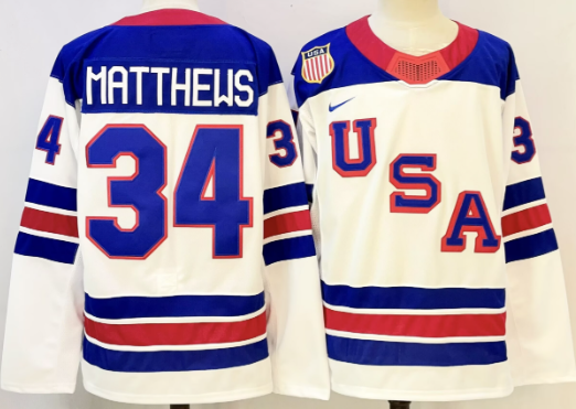 Men's USA #34 Auston Matthews White 2025-2026 With C Patch Stitched Jersey Men's USA #34 Auston Matthews White 2025-2026 With C Patch Stitched Jersey