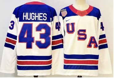 Men's USA #43 Quinn Hughes White 2025-2026 Stitched Jersey Men's USA #43 Quinn Hughes White 2025-2026 Stitched Jersey