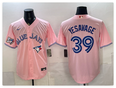 Men's Toronto Blue Jays #39 Trey Yesavage Pink 50 Seasons Patch Stitched Baseball Jersey Men's Toronto Blue Jays #39 Trey Yesavage Pink 50 Seasons Patch Stitched Baseball Jersey